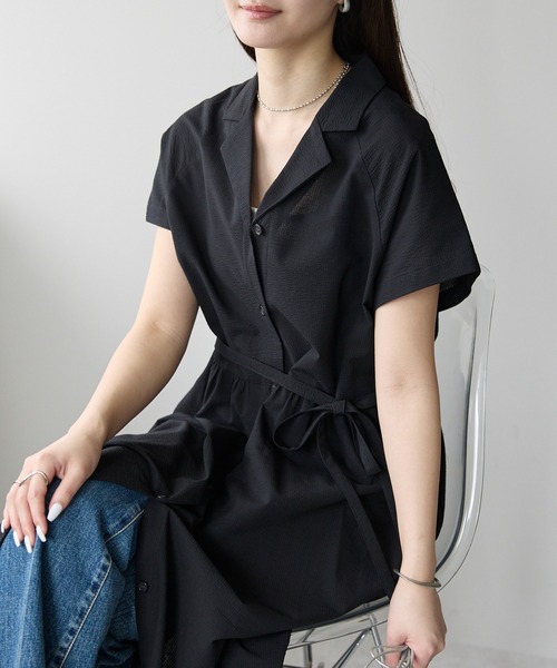 PREFERIR（プレフェリール）の「オープンシャツカラーワンピース/ 高見え/洗える/M.L（シャツワンピース・レディース・ブラック/ブルー・MEDIUM/LARGE）」の2枚目の写真