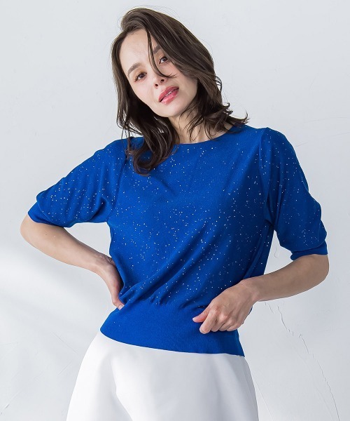 Viaggio Blu(ビアッジョブルー)の「ミニスパンコールクループルオーバー≪手洗い可能≫(ニット/セーター・レディース・ホワイト/グリーン/ブルー系その他・M/S)」の1枚目の写真