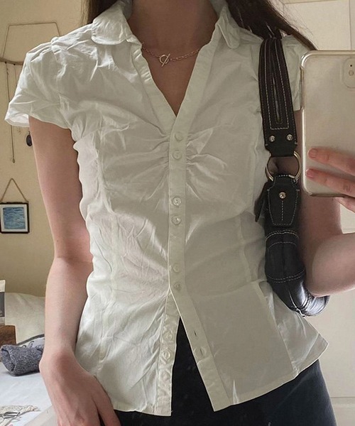 HALEY PESCA(ヘーリーペスカ)の「HALEY PESCA/シワ加工 ギャザー風デザイン タイトミニブラウス(シャツ/ブラウス・レディース・ホワイト/ブラック・SMALL/MEDIUM/LARGE)」の15枚目の写真