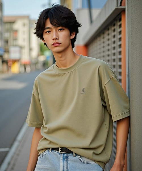KANGOL(カンゴール)の「【EC別注】KANGOL カンゴール ブランド ワンポイント ロゴ 刺繍 ビッグシルエット 半袖 Tシャツ(Tシャツ/カットソー・メンズ・ブルーグレー/オフホワイト/ベージュ・L/XL/M)」の4枚目の写真