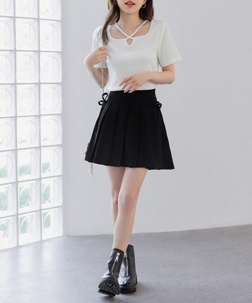 DAY CLOSET(デイ クローゼット)の「レディース サイドリボンぺチパンツ付きハイウエストプリーツミニスカート(スカート・レディース・グレー/ブラック/チャコールグレー/ブラウン・M/S/L)」の5枚目の写真