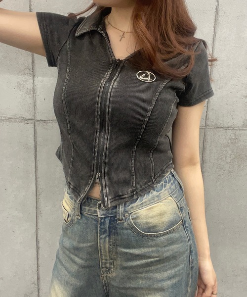 ROGER AND RAW（ロジャーアンドロウ）の「プレート付きダブルジップリブトップス（Tシャツ/カットソー・レディース・ホワイト/ブラック/スミクロ・FREE）」の18枚目の写真