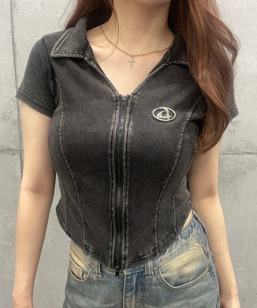 ROGER AND RAW（ロジャーアンドロウ）の「プレート付きダブルジップリブトップス（Tシャツ/カットソー・レディース・ホワイト/ブラック/スミクロ・FREE）」の13枚目の写真