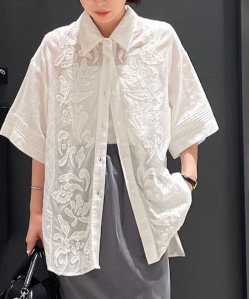 JOURNAL STANDARD（ジャーナルスタンダード）の「シアーコンビレースシャツ（シャツ/ブラウス・レディース・ホワイト/ブラック・FREE）」の3枚目の写真