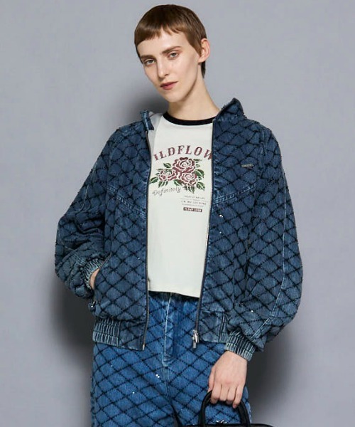 Diamond Beads Embroidery Denim Hoodie/ダイヤビーズエンブロイダリー