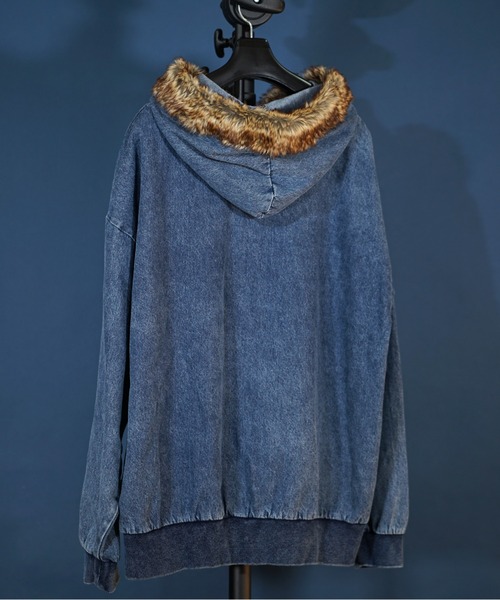 unrelaxing（アンリラクシング）の「ビッグシルエット ヴィンテージライク デニムファージャケット / デニムブルゾン / Gジャン デニムジャケット / デニムファーブルゾン / ファー付きデニムパーカー（ブルゾン・メンズ・ブラック/ブラック系その他/インディゴブルー・LARGE/MEDIUM）」の7枚目の写真