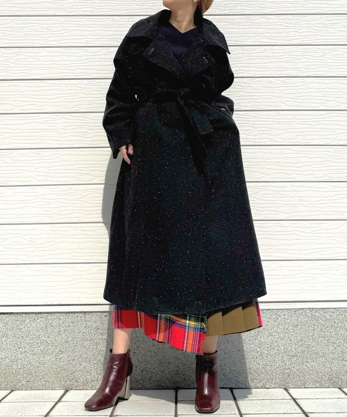 Q（キュー）の「へリンボンスタンドロングコート（その他アウター・レディース・チャコールグレー/ブラウン・MEDIUM）」の2枚目の写真