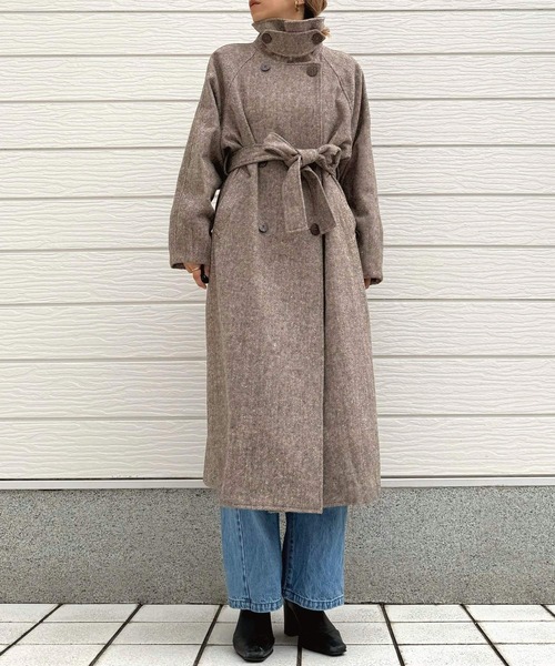 Q（キュー）の「へリンボンスタンドロングコート（その他アウター・レディース・チャコールグレー/ブラウン・MEDIUM）」の8枚目の写真