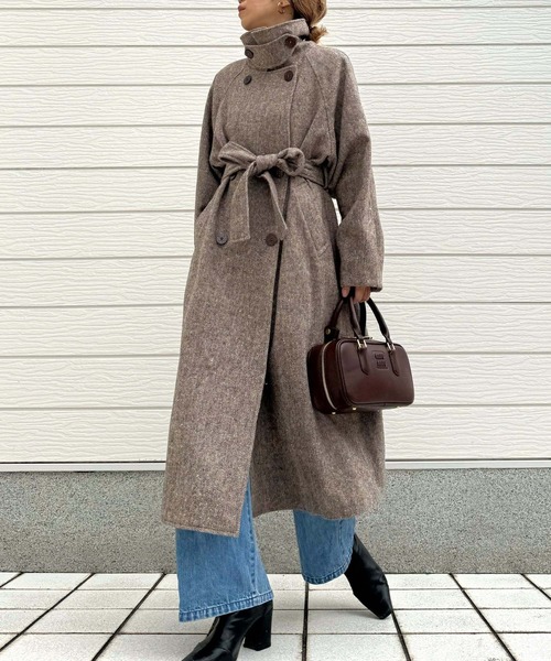 Q（キュー）の「へリンボンスタンドロングコート（その他アウター・レディース・チャコールグレー/ブラウン・MEDIUM）」の14枚目の写真