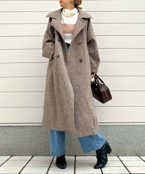 Q（キュー）の「へリンボンスタンドロングコート（その他アウター・レディース・チャコールグレー/ブラウン・MEDIUM）」の12枚目の写真