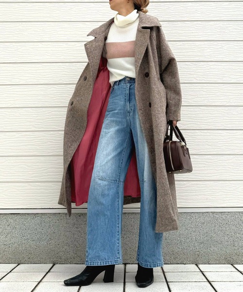 Q（キュー）の「へリンボンスタンドロングコート（その他アウター・レディース・チャコールグレー/ブラウン・MEDIUM）」の3枚目の写真