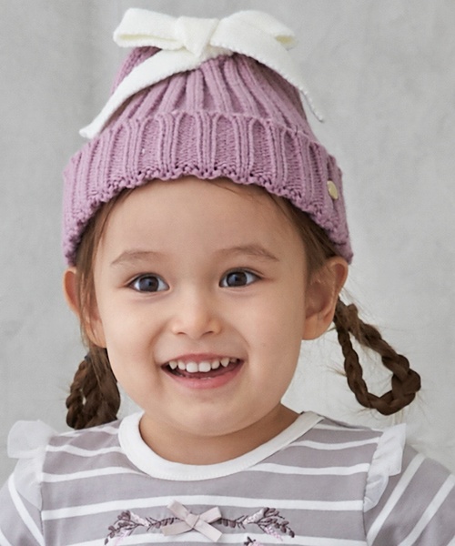 petit main（プティマイン）の「リボンニット帽（ニットキャップ/ビーニー・キッズ・ピンク/アイボリー/ブラック・L/M）」の3枚目の写真