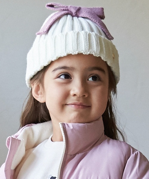 petit main（プティマイン）の「リボンニット帽（ニットキャップ/ビーニー・キッズ・ピンク/アイボリー/ブラック・L/M）」の2枚目の写真