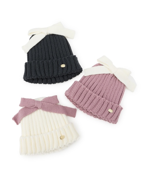 petit main（プティマイン）の「リボンニット帽（ニットキャップ/ビーニー・キッズ・ピンク/アイボリー/ブラック・L/M）」の14枚目の写真