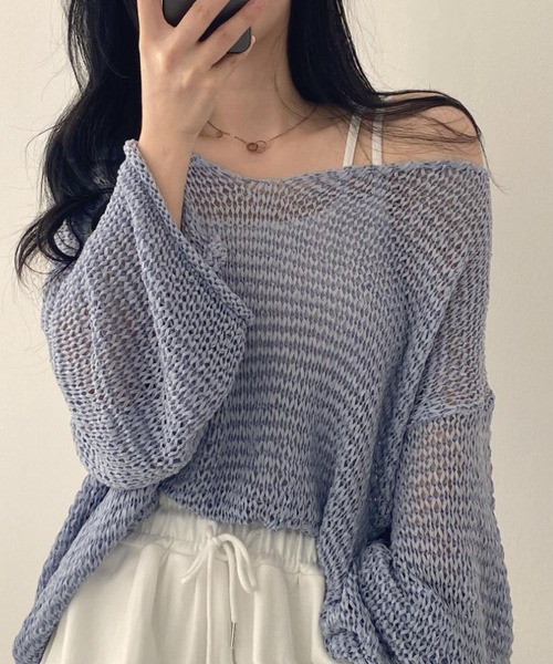 MAISON DE THERESE（メゾン ド テレーズ）の「透かし編み ゆったり 薄手 ニット（ニット/セーター・レディース・アイボリー/ブルー/オレンジ/ブラウン・FREE）」の5枚目の写真
