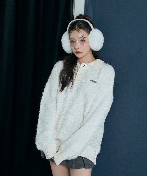 ANDGEEBEE（アンジービー）の「UNISEX ルーズポロニット（ニット/セーター・レディース・アイボリー/ブルー・FREE）」の5枚目の写真