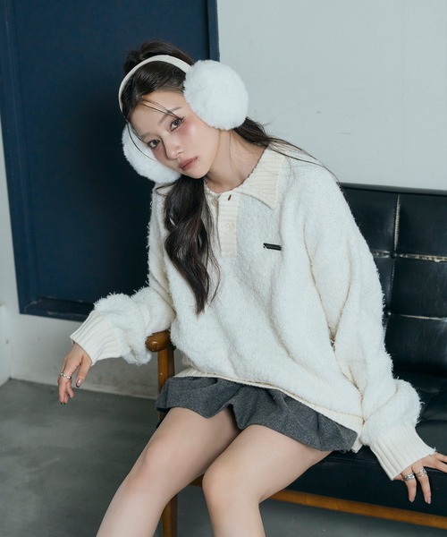 ANDGEEBEE（アンジービー）の「UNISEX ルーズポロニット（ニット/セーター・レディース・アイボリー/ブルー・FREE）」の6枚目の写真