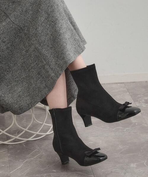 couture brooch（クチュールブローチ）の「ドッキングデザインリボンストレッチブーツ（ブーツ・レディース・ブラック/サンドベージュ・35/45）」の3枚目の写真