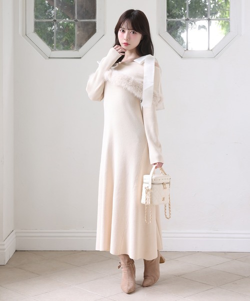 セール】【S/Mサイズ展開】オフショルファーリボンニットワンピ