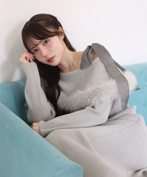 セール】【S/Mサイズ展開】オフショルファーリボンニットワンピ