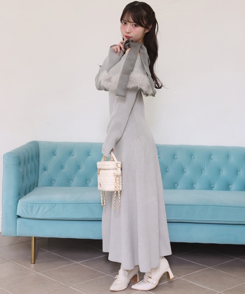 セール】【S/Mサイズ展開】オフショルファーリボンニットワンピ