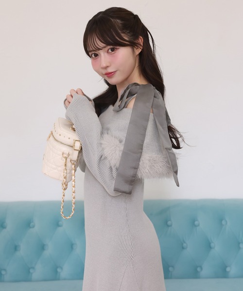 セール】【S/Mサイズ展開】オフショルファーリボンニットワンピ
