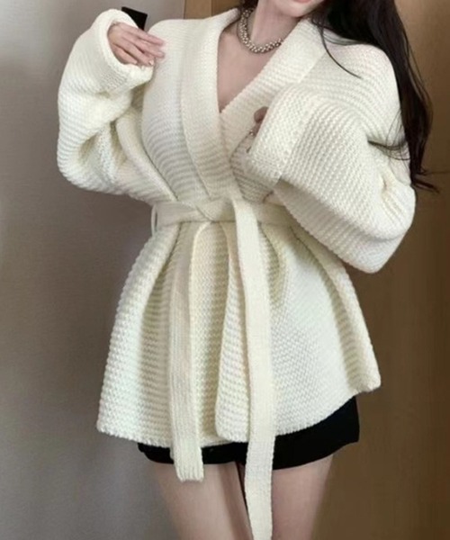 GLAMOROUS JANE(グラマラスジェーン)の「ベルト付きニットカーディガン(カーディガン/ボレロ・レディース・ブラウン/オフホワイト/ブラック・FREE)」の4枚目の写真