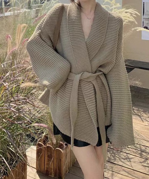 GLAMOROUS JANE(グラマラスジェーン)の「ベルト付きニットカーディガン(カーディガン/ボレロ・レディース・ブラウン/オフホワイト/ブラック・FREE)」の8枚目の写真