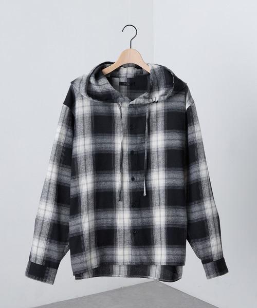 Alfred Alex】オンブレチェックオーバーサイズフードネルシャツ