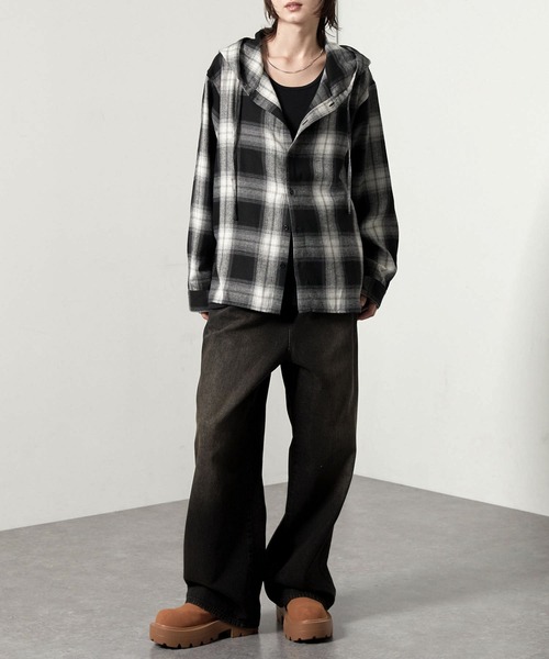 セール】【Alfred Alex】オンブレチェックオーバーサイズフード