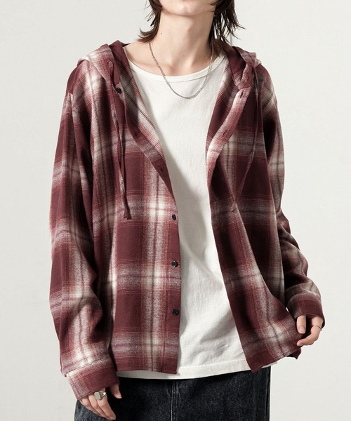 Alfred Alex（アルフレッドアレックス）の「【Alfred Alex】オンブレチェックオーバーサイズフードネルシャツ（シャツ/ブラウス・メンズ・ネイビー/ワイン/ブラック・L/M）」の22枚目の写真