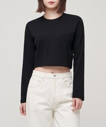 ウィメンズクルーネッククロップ長袖Tシャツ[ブラック]