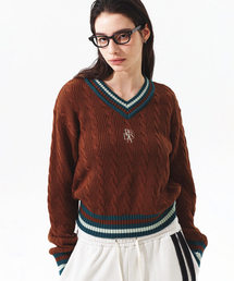 CABLE V NECK LONG SLEEVE KNIT BROWN
