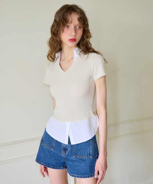 SALON DE YOHN(サロンドヨーン)の「Shirt Detail V-neck Short Sleeve T_ Ivory(ポロシャツ・レディース・その他・MEDIUM/SMALL)」の1枚目の写真