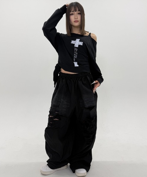 .KOM(ドットコム)の「A'GEM/9 × .kom 『.KOM/ドットケーオーエム』Destroy Track Pants/デストロイトラックパンツ(スウェットパンツ・レディース・ブラック/ブラウン・FREE)」の15枚目の写真