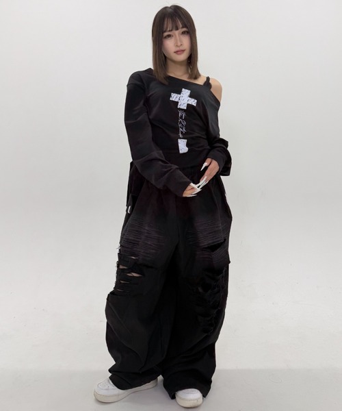 .KOM(ドットコム)の「A'GEM/9 × .kom 『.KOM/ドットケーオーエム』Destroy Track Pants/デストロイトラックパンツ(スウェットパンツ・レディース・ブラック/ブラウン・FREE)」の17枚目の写真