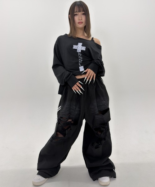 .KOM(ドットコム)の「A'GEM/9 × .kom 『.KOM/ドットケーオーエム』Destroy Track Pants/デストロイトラックパンツ(スウェットパンツ・レディース・ブラック/ブラウン・FREE)」の18枚目の写真