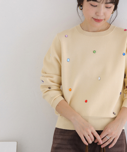 La TOTALITE（ラトータリテ）の「【洗える】TORRAZZO DONNA/トラッゾドンナ ジュエリーニットトップス（ニット/セーター・レディース・ネイビー/アイボリー・FREE）」の2枚目の写真