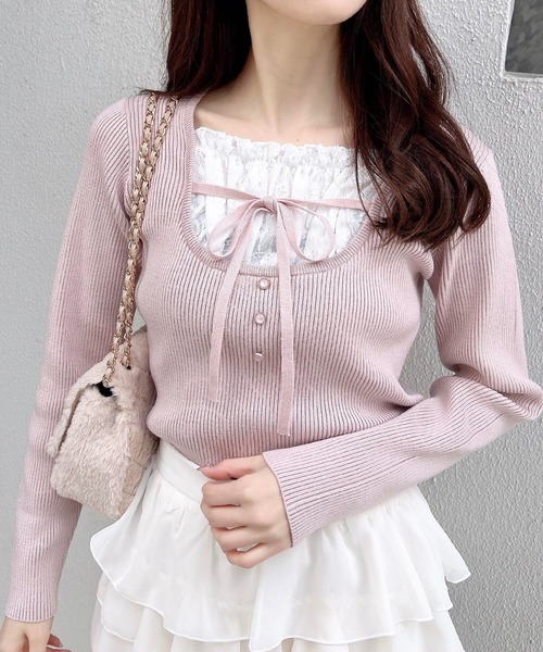 INGNI（イング）の「フロントレースドッキングニット（ニット/セーター・レディース・ブラック×ホワイト/ピンク系2/レッド系3/グレー×ホワイト・M）」の4枚目の写真