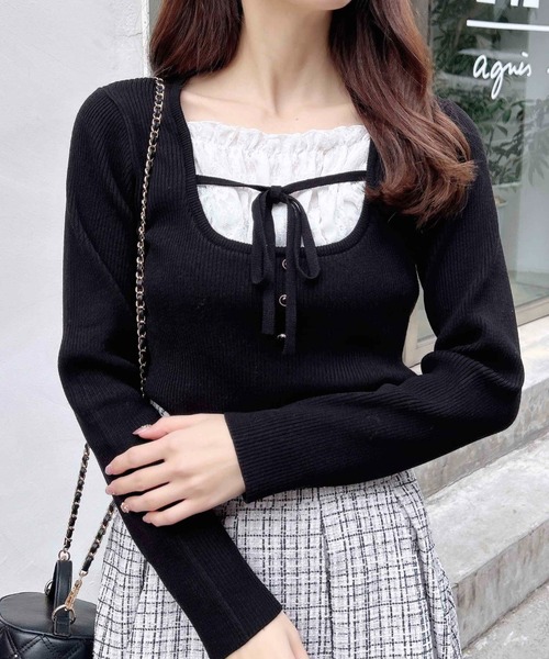 INGNI（イング）の「フロントレースドッキングニット（ニット/セーター・レディース・ブラック×ホワイト/ピンク系2/レッド系3/グレー×ホワイト・M）」の2枚目の写真