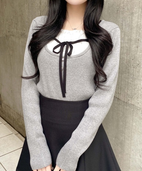 INGNI（イング）の「フロントレースドッキングニット（ニット/セーター・レディース・ブラック×ホワイト/ピンク系2/レッド系3/グレー×ホワイト・M）」の3枚目の写真