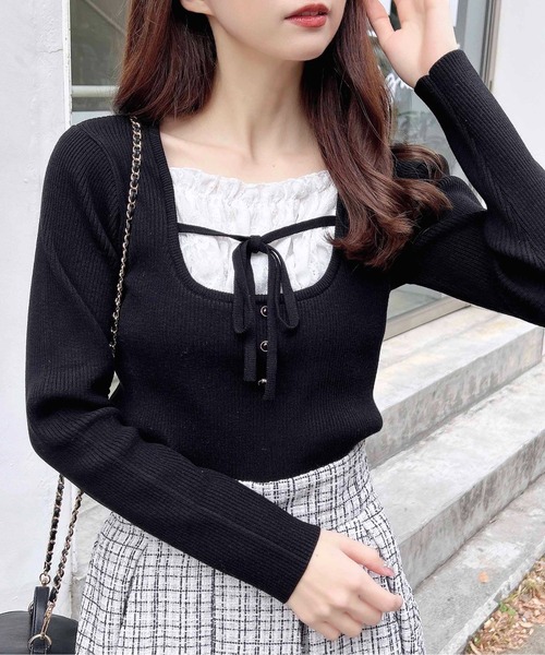 INGNI（イング）の「フロントレースドッキングニット（ニット/セーター・レディース・ブラック×ホワイト/ピンク系2/レッド系3/グレー×ホワイト・M）」の6枚目の写真