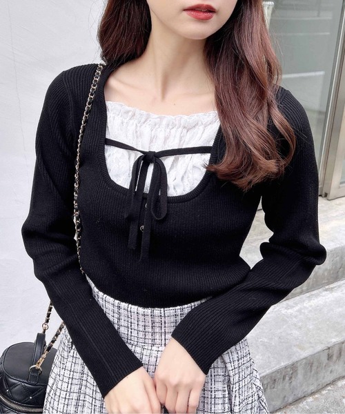 INGNI（イング）の「フロントレースドッキングニット（ニット/セーター・レディース・ブラック×ホワイト/ピンク系2/レッド系3/グレー×ホワイト・M）」の7枚目の写真