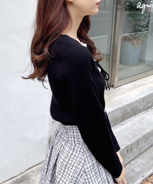 INGNI（イング）の「フロントレースドッキングニット（ニット/セーター・レディース・ブラック×ホワイト/ピンク系2/レッド系3/グレー×ホワイト・M）」の8枚目の写真