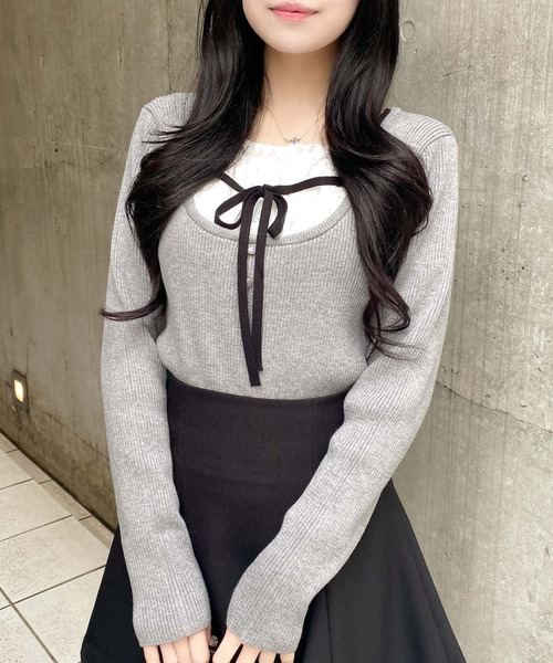 INGNI（イング）の「フロントレースドッキングニット（ニット/セーター・レディース・ブラック×ホワイト/ピンク系2/レッド系3/グレー×ホワイト・M）」の12枚目の写真