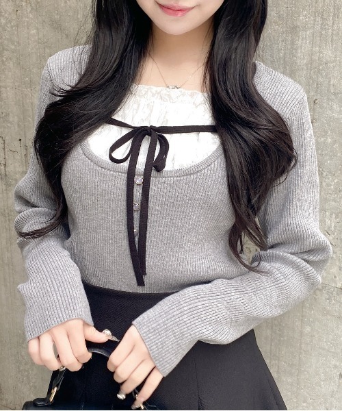 INGNI（イング）の「フロントレースドッキングニット（ニット/セーター・レディース・ブラック×ホワイト/ピンク系2/レッド系3/グレー×ホワイト・M）」の13枚目の写真