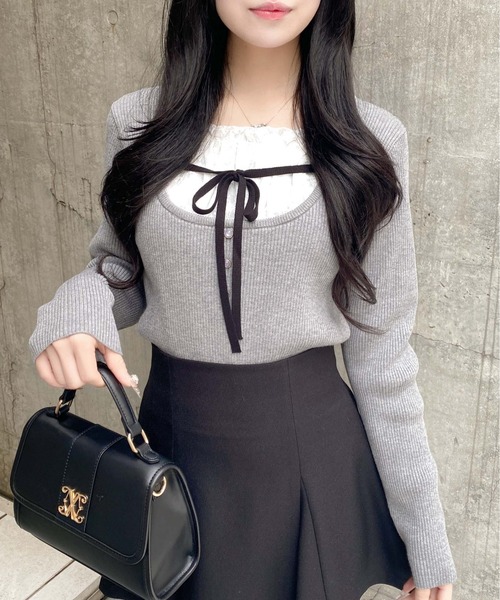 INGNI（イング）の「フロントレースドッキングニット（ニット/セーター・レディース・ブラック×ホワイト/ピンク系2/レッド系3/グレー×ホワイト・M）」の14枚目の写真