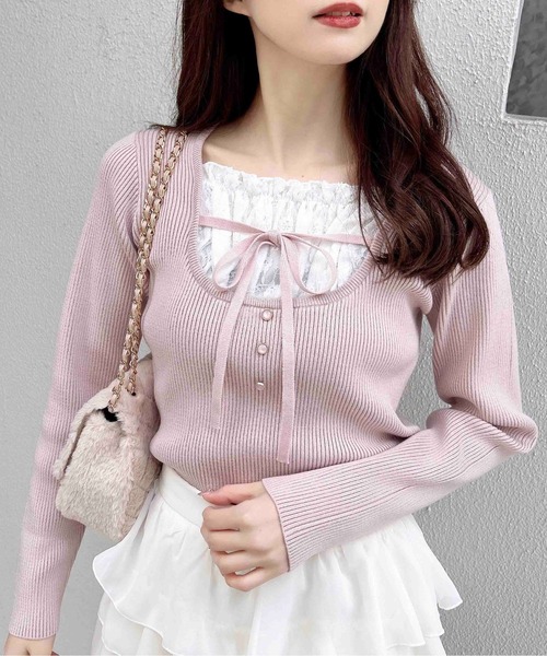 INGNI（イング）の「フロントレースドッキングニット（ニット/セーター・レディース・ブラック×ホワイト/ピンク系2/レッド系3/グレー×ホワイト・M）」の19枚目の写真