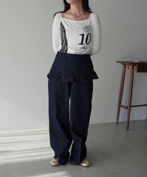 SANSeLF（サンセルフ）の「【SANSeLF】フリルハイウエストデニムパンツ saw25a070（デニムパンツ・レディース・ダークブルー・FREE）」の13枚目の写真