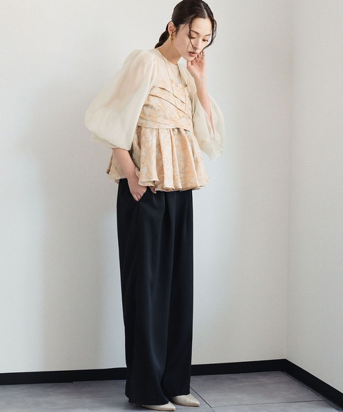 girl（ガール）の「ジャガードペプラムパンツドレス ブラウス ワイドパンツ セットアップ 結婚式 パーティードレス セパレート オケージョンドレス パンツスタイル お呼ばれ 二次会 成人式 同窓会 謝恩会《着用動画あり》（パンツドレス・レディース・ブラック/ライトグレー/ピンク/ベージュ・S/M/L）」の8枚目の写真